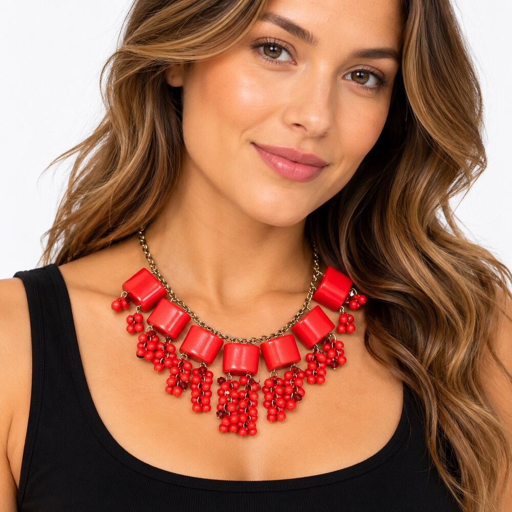 Chunky Red Beaded Bib Statement Necklace Gold Tone Chain Waterfall Fringe